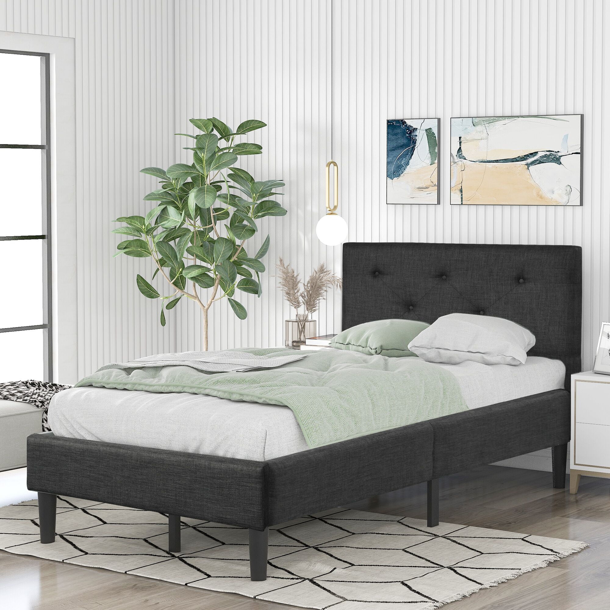 uhomepro Twin Bed Frame with Headboard, Modern Fabric Upholstered Twin