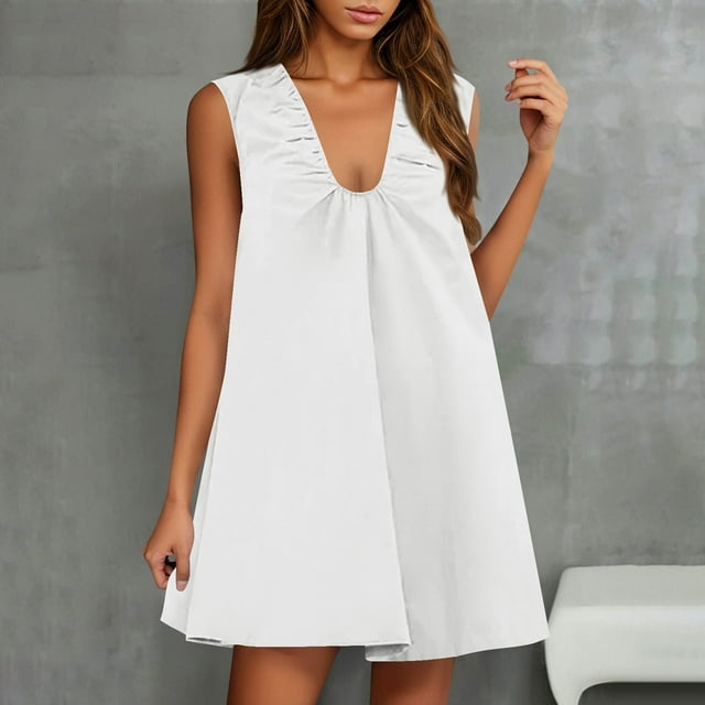 Weiqiqre Robe Athlétique pour Femmes Été Mini Robe d'Été à Col en V Fluide en Coton Courte avec Poches