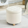thumbnail image 3 of Round Storage Ottoman with Tray, Modern Tufted Fabric Foot Rest Ottoman with Wooden Spherical Feet Round Vanity Stool for Living Room, Bedroom, Beige, Beige, 3 of 15