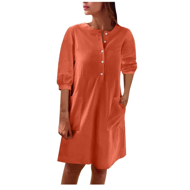 Birdeem Robe Décontractée à Manches Courtes en Coton et Lin Uni avec Boutons et Poches pour Femmes Printemps et Été