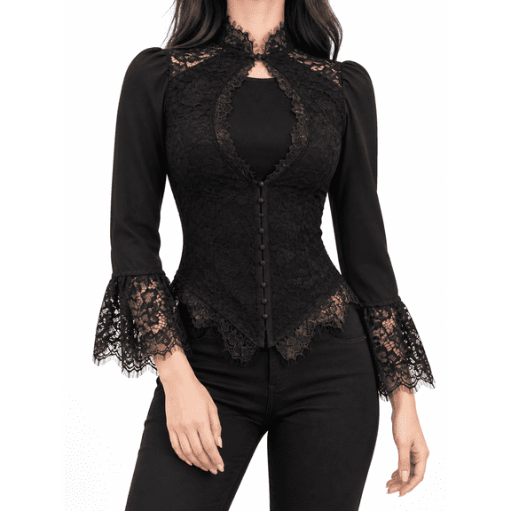 Women's Gothic Black Lace Corset Blouse with Stand Collar & Flared Lace Cuffs Victorian Style Fitted Top