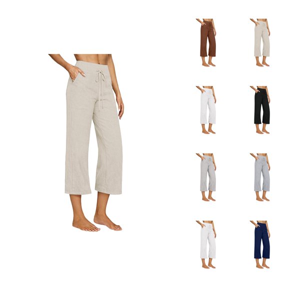 Linen Capri Pants for Women Spring Summer Elastic High Waist Wide Leg Casual Capris Cropped Pants with Pockets