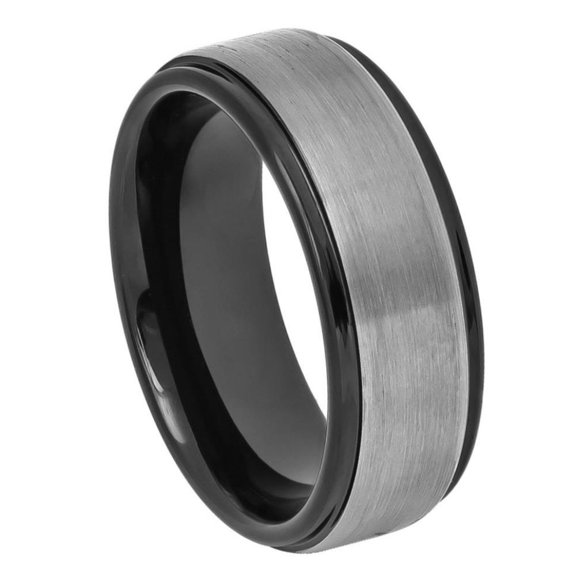 Custom Personalized Engraving Wedding Band Ring Set for Him & Her - 8mm Two-tone Black IP Gun Metal Brushed Center Stepped Edge