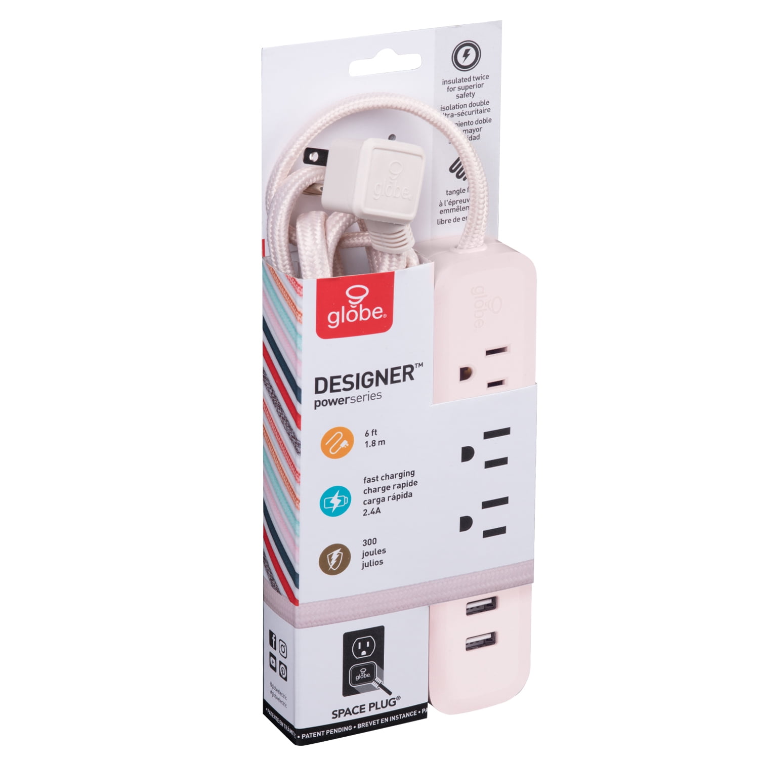 Globe Electric Globe Electric 6-ft 3-Outlet Rose USB Surge Protector 2-Pack, 78257-K