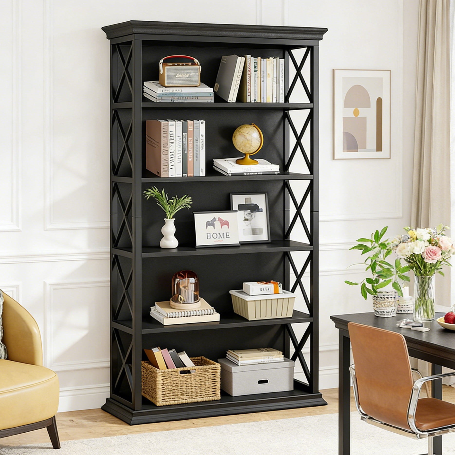 Fnova 71" 5-Tier Tall Bookshelf, Industrial Wood Bookcase with Metal Frame, Floor Standing Display Storage Shelves for Home Office, Living Room, Bedroom
