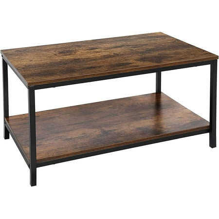 2-Tier Industrial Coffee Table with Storage Shelf for Small Apartment Living Room Rectangle Wood and Stable Metal TV Stand Side End Table Rustic Brown