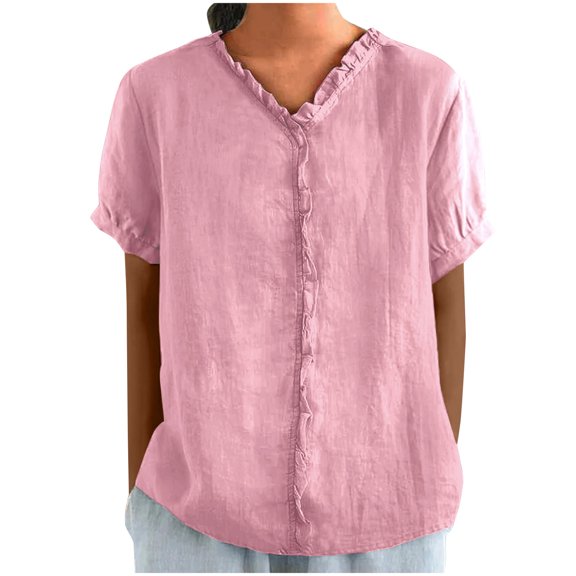 TKLPEHG V-Neck Cotton Linen Shirt Classic Solid Color Casual Loose Comfy Fashion Short Sleeve T Shirts Lightweight Blouses (Pink,S)