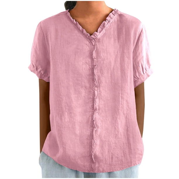 Camisas de Manga Corta para las Mujeres Casual V-Cuello Sólido Encaje Blusa Superior, Camisa de Verano de Moda para Diario Y Fiesta