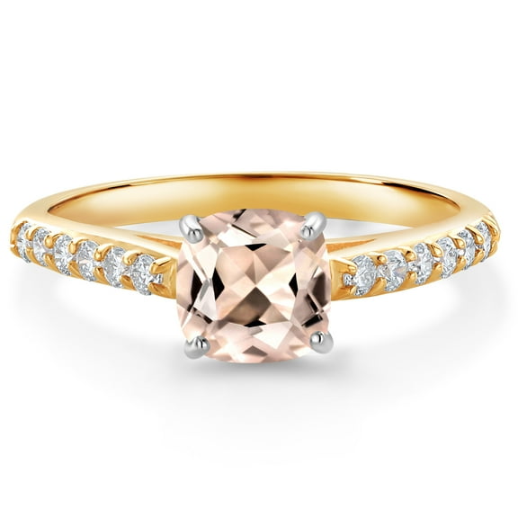 Gem Stone King 10K Two Tone Gold Peach Morganite and White Lab Grown Diamond Engagement Ring for Women (1.00 Cttw, Gemstone October Birthstone, Cushion 6MM, Size 7)