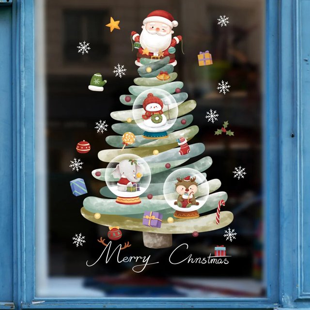 Pegatinas navideñas para ventana, calcomanías de dibujos animados de Papá Noel, árbol de Navidad, muñeco de nieve, calcomanía de vidrio, decoraciones de Feliz Navidad para el hogar, Año Nuevo 2024