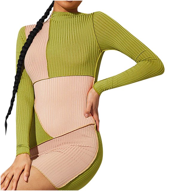 Pompotops Robe de Mode pour Femmes à Manches Longues Col Haut Couleur Bloquant Robe Skinny