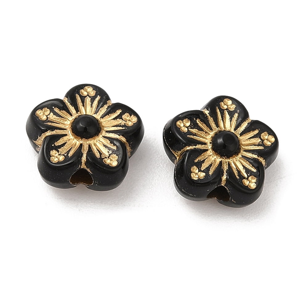 Plating Acrylic Beads Golden Metal Enlaced Flower Black 8.5x9x4.5mm Hole: 1.6mm about 3110pcs/500g