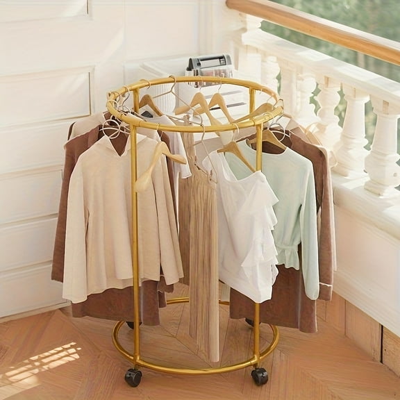 Round Metal Clothing Rack with Wheels, Freestanding Garment Display Stand for Retail Stores, Malls & Home Use, Space-Saving Circular Drying Rack for Hanging Clothes