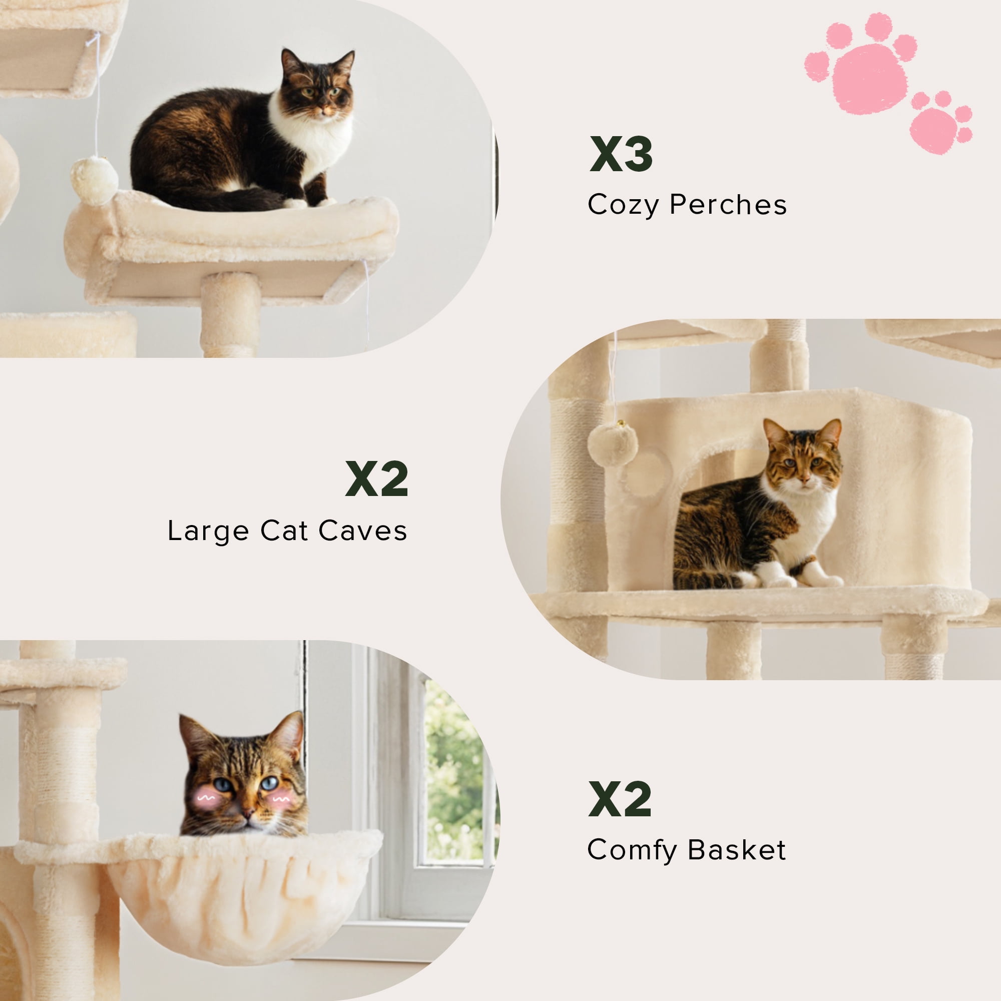 Einfach 68" X-Large Cat Tree and Tower with Condo Houses, Scratching Board & Posts for Indoor Cat, Beige