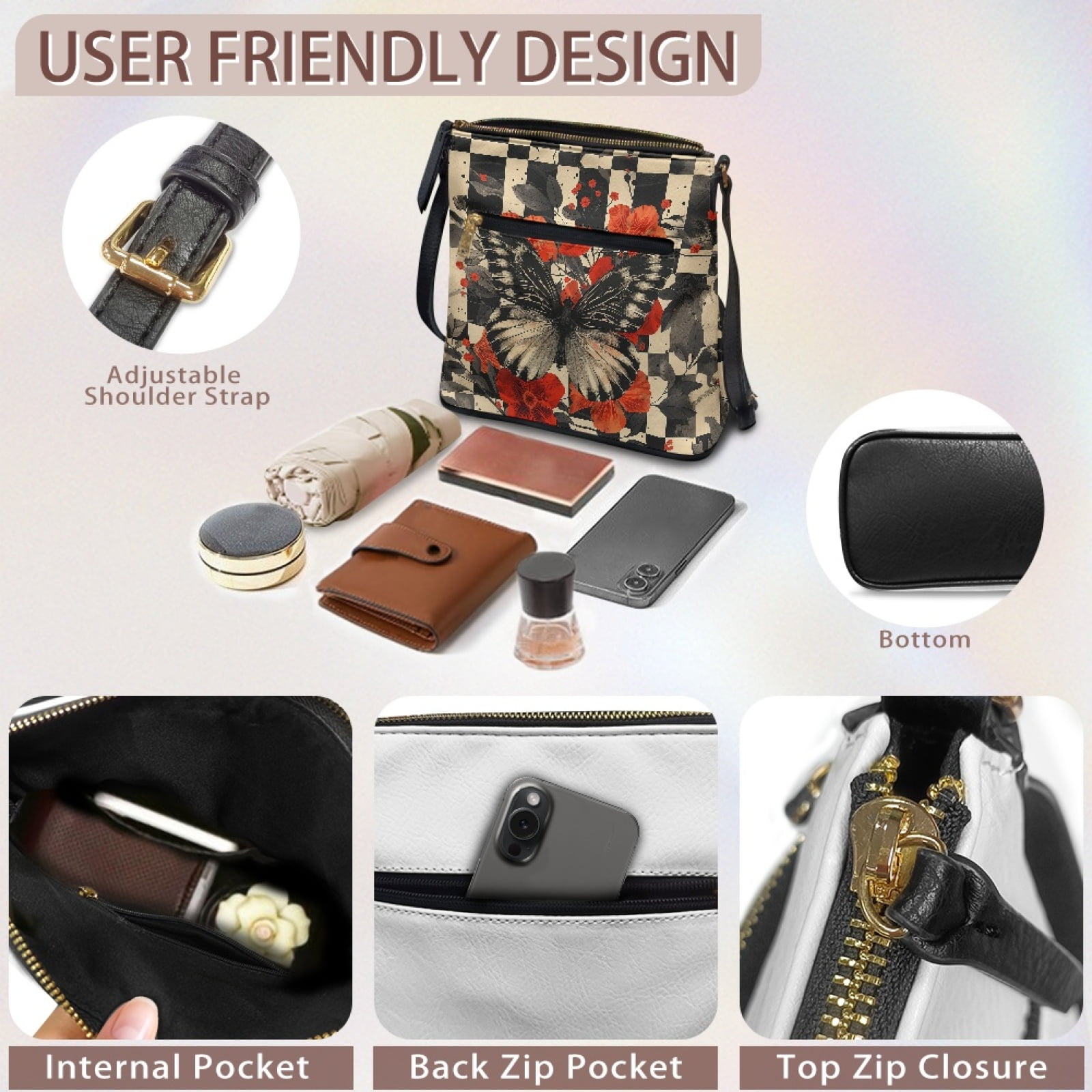 LedBack Butterfly Chckered Print Leather Crossbody Purse for Women Satchel Handbag Purse with Zipper Pocket, Portable Shoulder Bag Messenger Bag with Adjustable Strap, Black
