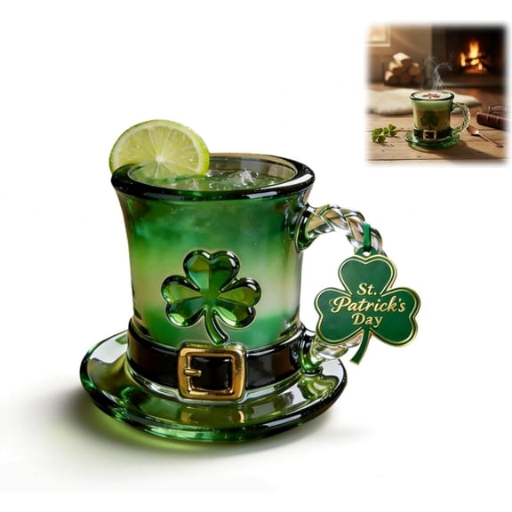 Basysin 2026 Upgraded St. Patrick's Day Leprechaun Hat Glass Mug, Green Gradient Glass Mug With Shamrock & Spiral-patterned Handle, Holiday Table Centerpieces, Festival Drinkware Gift (1 PC)