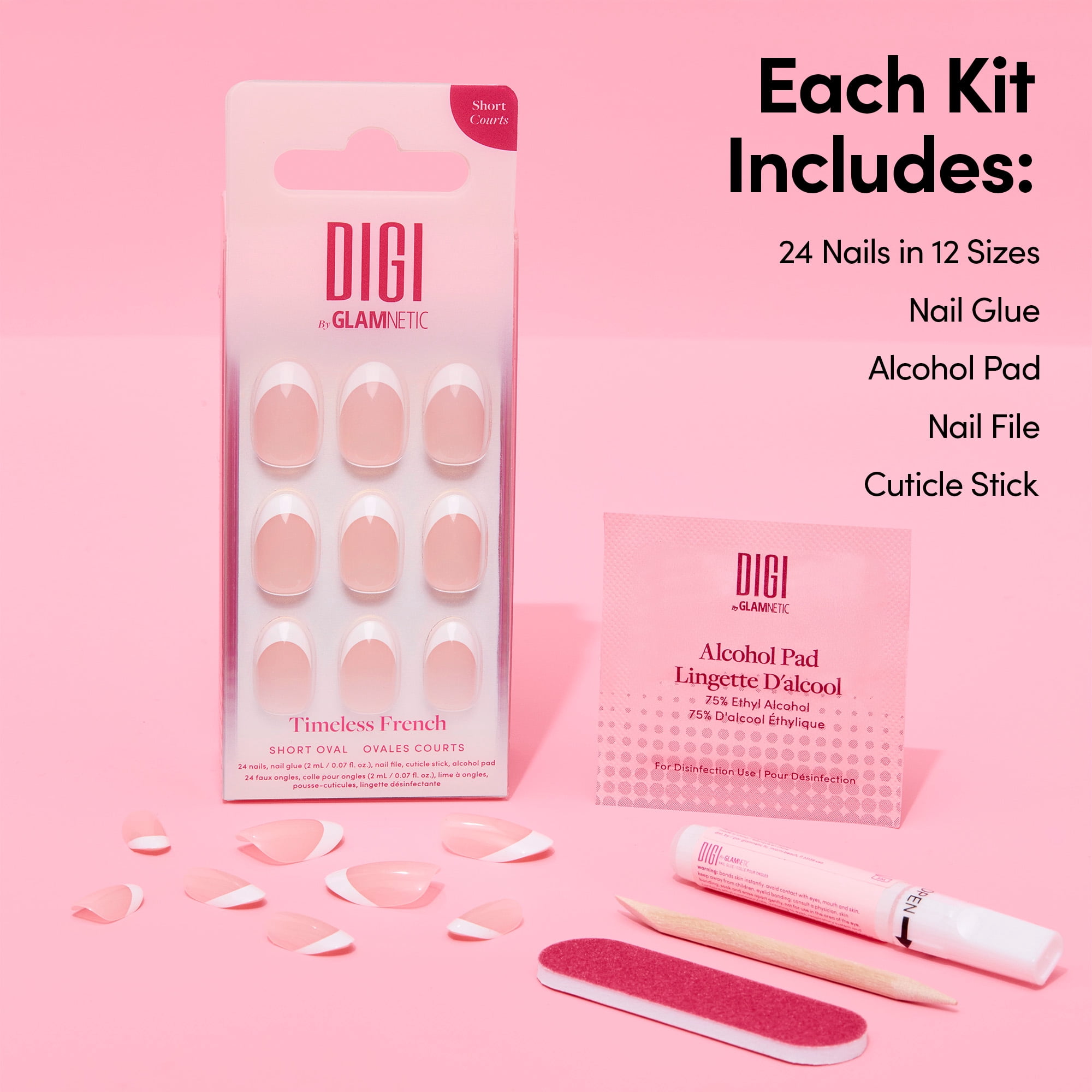 DIGI by Glamnetic Short Oval Artificial Press-on Nails, Timeless French, 24 Pieces