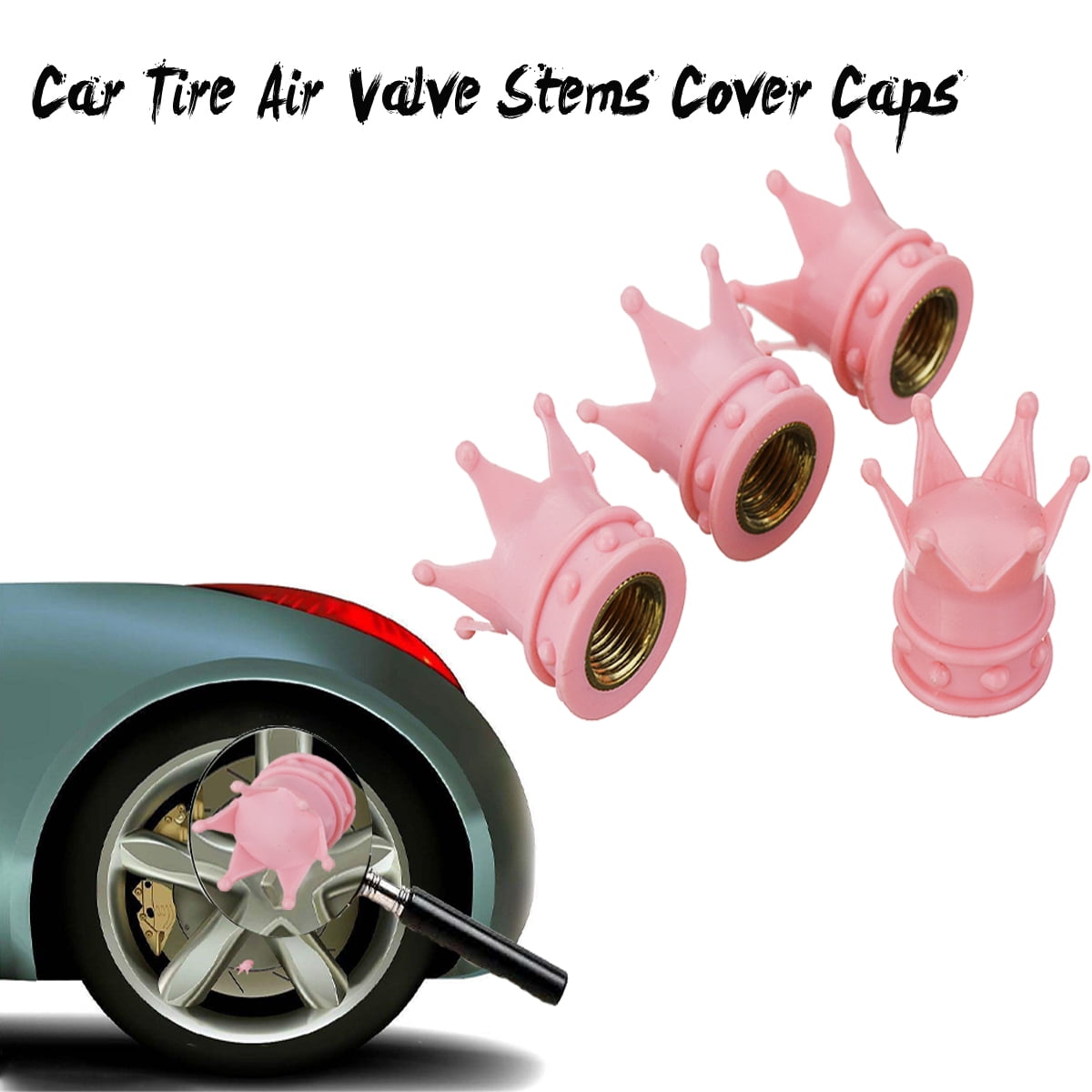 Universal 4pcs Pink Crown Style Car Tire Air Valve Stems Cover Caps Wheel Rims 