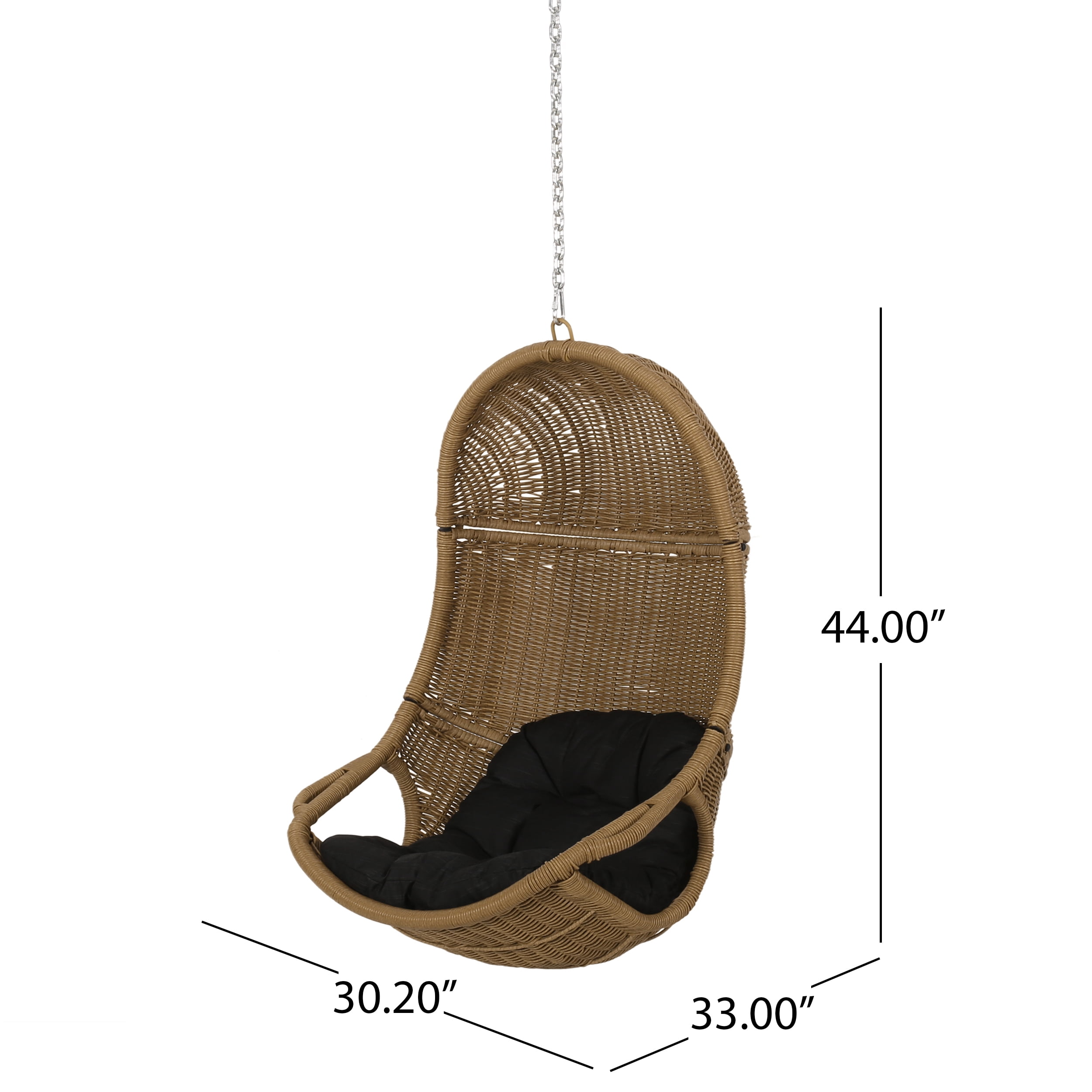 Azlee Wicker Hanging Chair with Dark Gray Cushion, Light Brown (NO STAND)