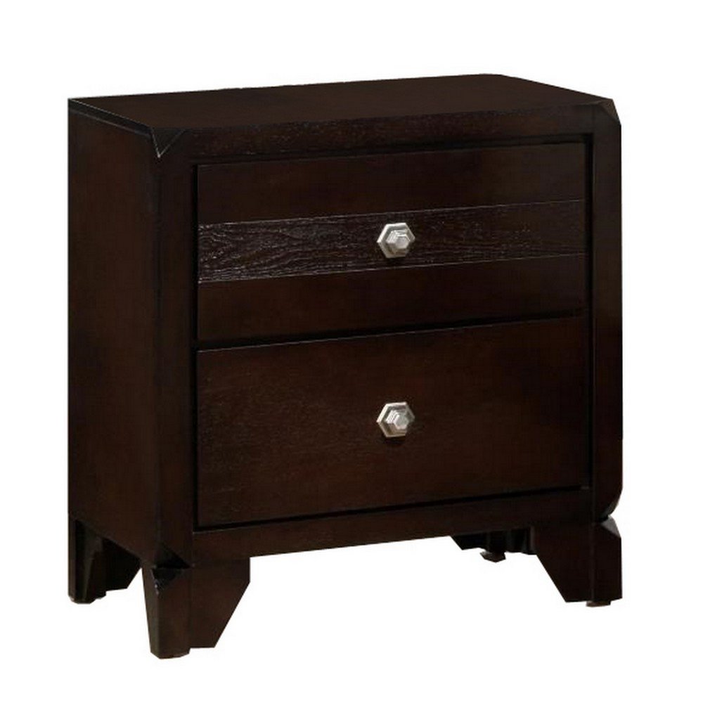 2 Drawer Wooden Nightstand with Hexagonal Knobs and Chamfered Feet