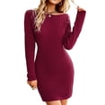 thumbnail image 1 of Vestido de punto de manga larga, cuello redondo, falda informal, vestido ajustado ajustado para la temporada de invierno, rojo vino S, 1 of 9