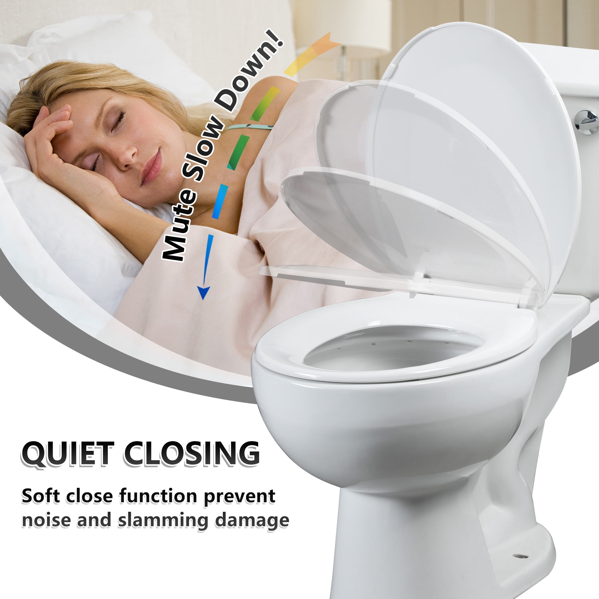 Angol Shiold Round Toilet Seat - Slow Close Hinges, Ergonomic Design with Grip-Tight Bumpers, Safe Easy-Clean PP Material, Fit 16.5" Round, White