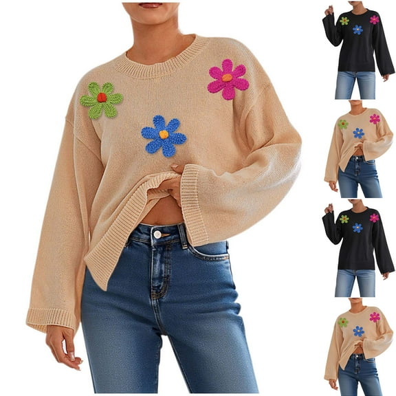 Karight Women's Crewneck Sweaters Long Sleeve Floral Printed Loose Fit Knit Pullover Tops Fall Fashion Casual Soft Clothing