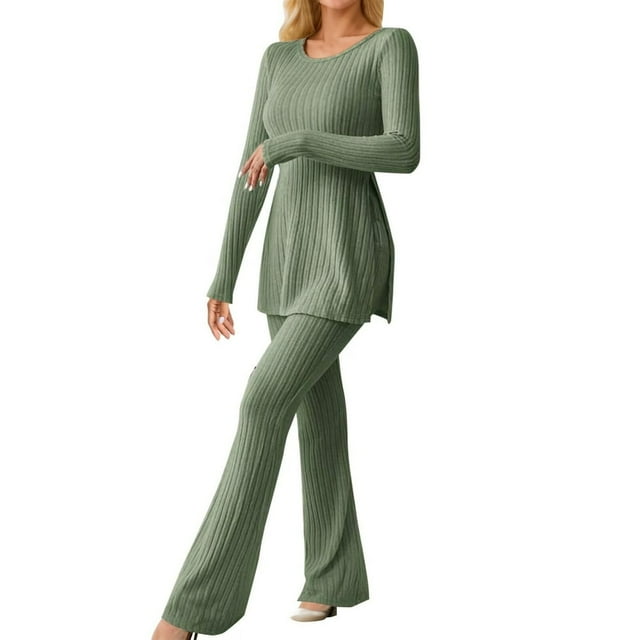 Women‘s Two Piece Knit Matching Outfits Crew Neck Slit Hem Tee And Pants Tracksuit Sets