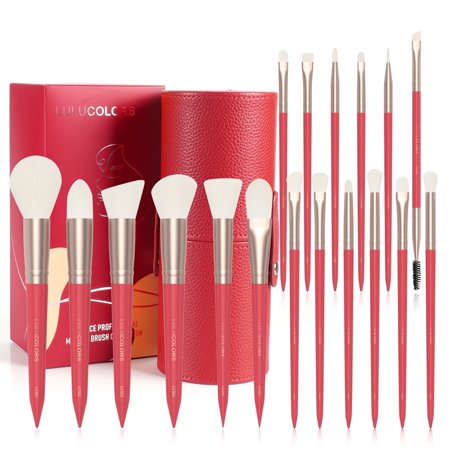 LULUCOLORS 18-Piece Angled Makeup Brush Set with Vegan Bristles, Red