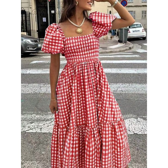 Womens Red Gingham Plaid Boho Midi Dress With Puff Sleeves Cinched Waist &