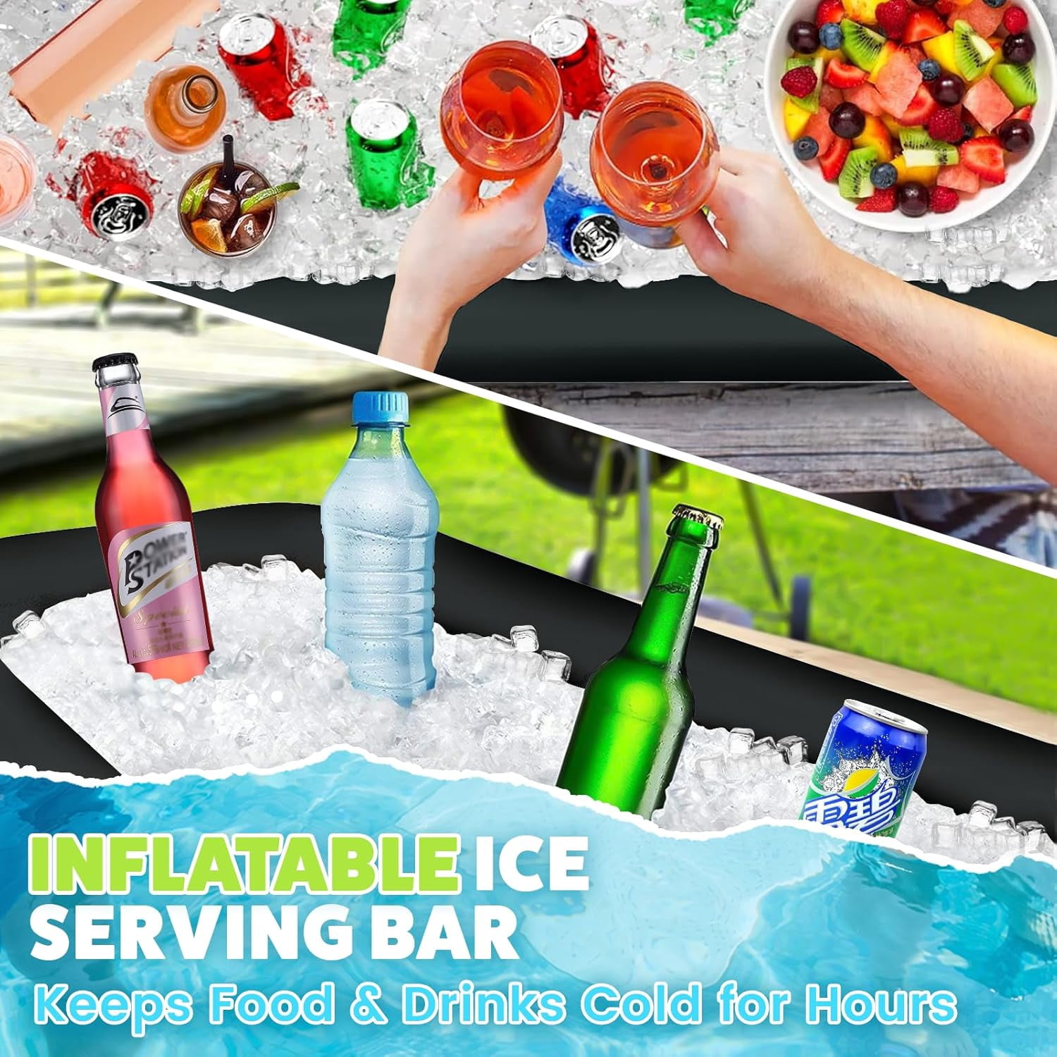 Large Inflatable Ice Serving Bar for Food, Drinks, Salad, Floating Buffet Cooler Tray with Drain Plug for Pool Party, BBQ, Picnic, Camping, Beach, and Outdoor Supplies Black