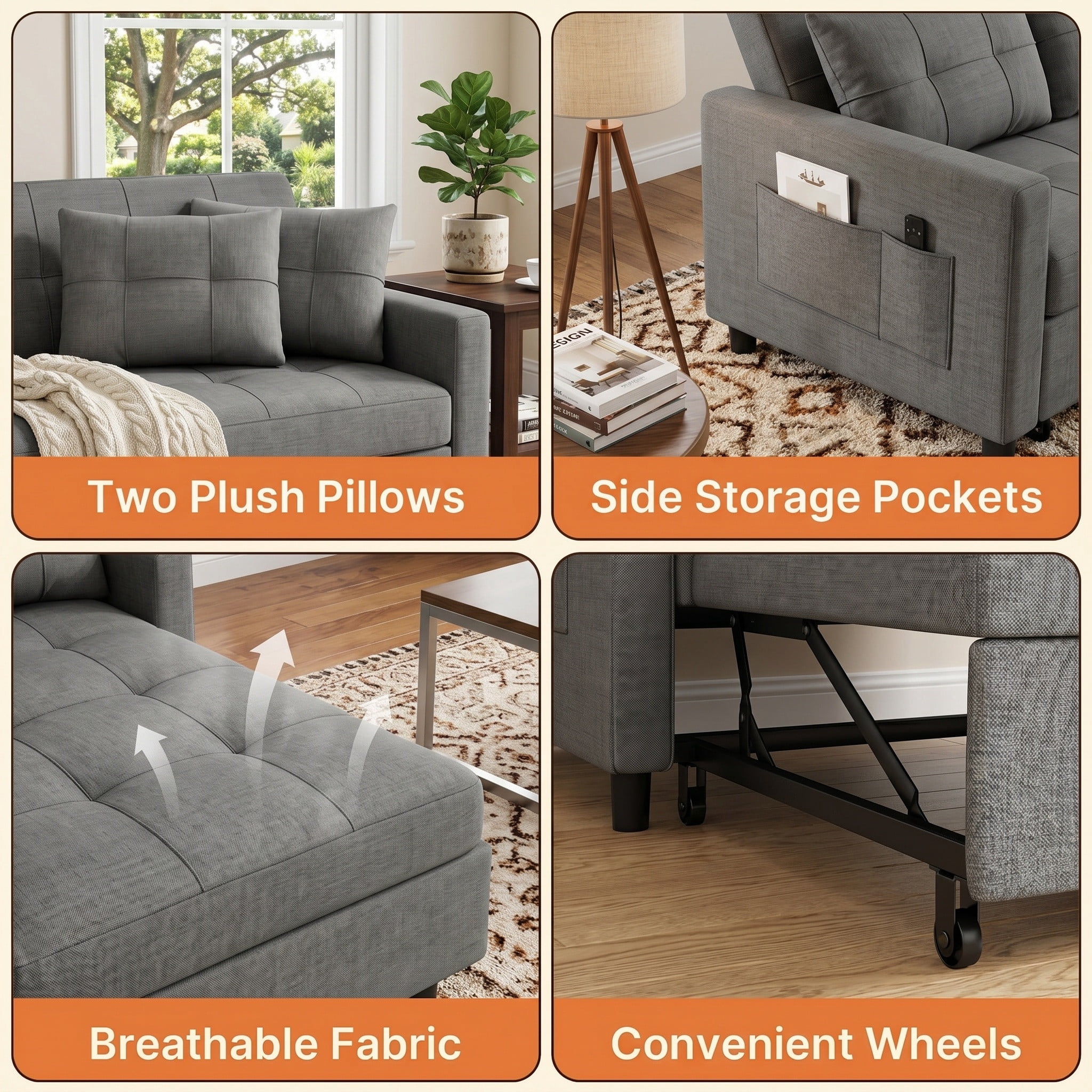 Lofka Futon Sofa Bed, 3 in 1 Convertible Recliner Sleeper with Adjustable Backrest, Pull Out Couch for Apartment Studio House, Linen Fabric, Dark Gray