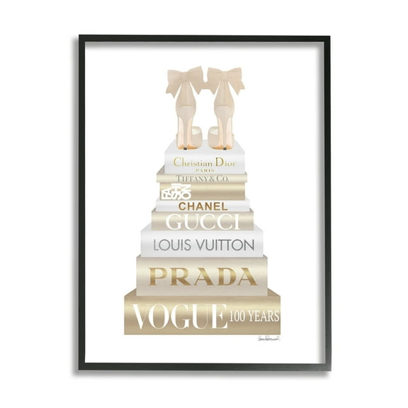 Stupell Industries Cream Bow Heels High Fashion Glam Bookstack Beauty & Fashion Painting Black Framed Art Print Wall Art, 11 x 14