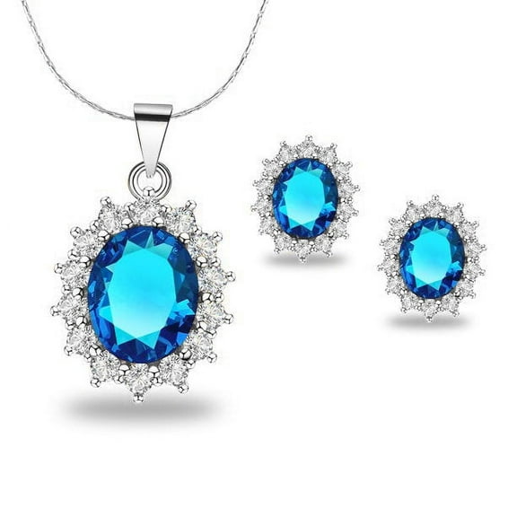 Bonjour Jewelers 18K White Gold Created Blue Topaz CZ Round 2 Carat Oval Necklace Plated 18 Inch