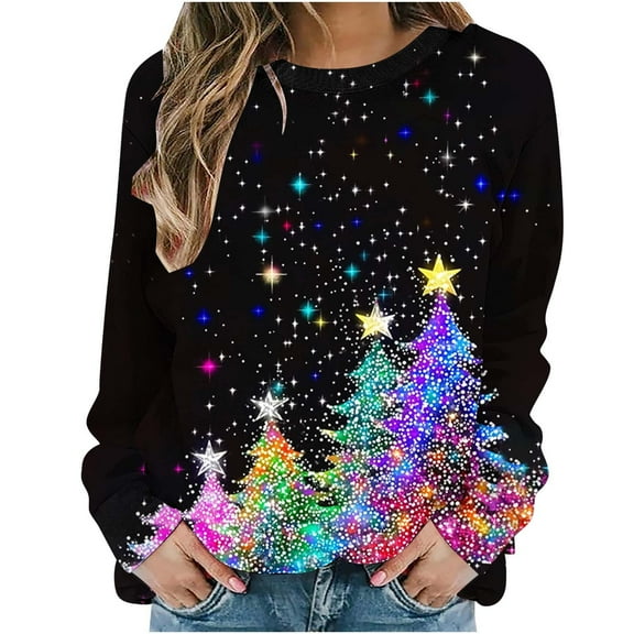 asdoklhq Winter Sweaters for Women 2024 Women Christmas Christmas Tree Shining and Sparkling Print Loose Round Neck Sweatshirt Long Sleeved Top Hooded Sweatshirt Multicolor S