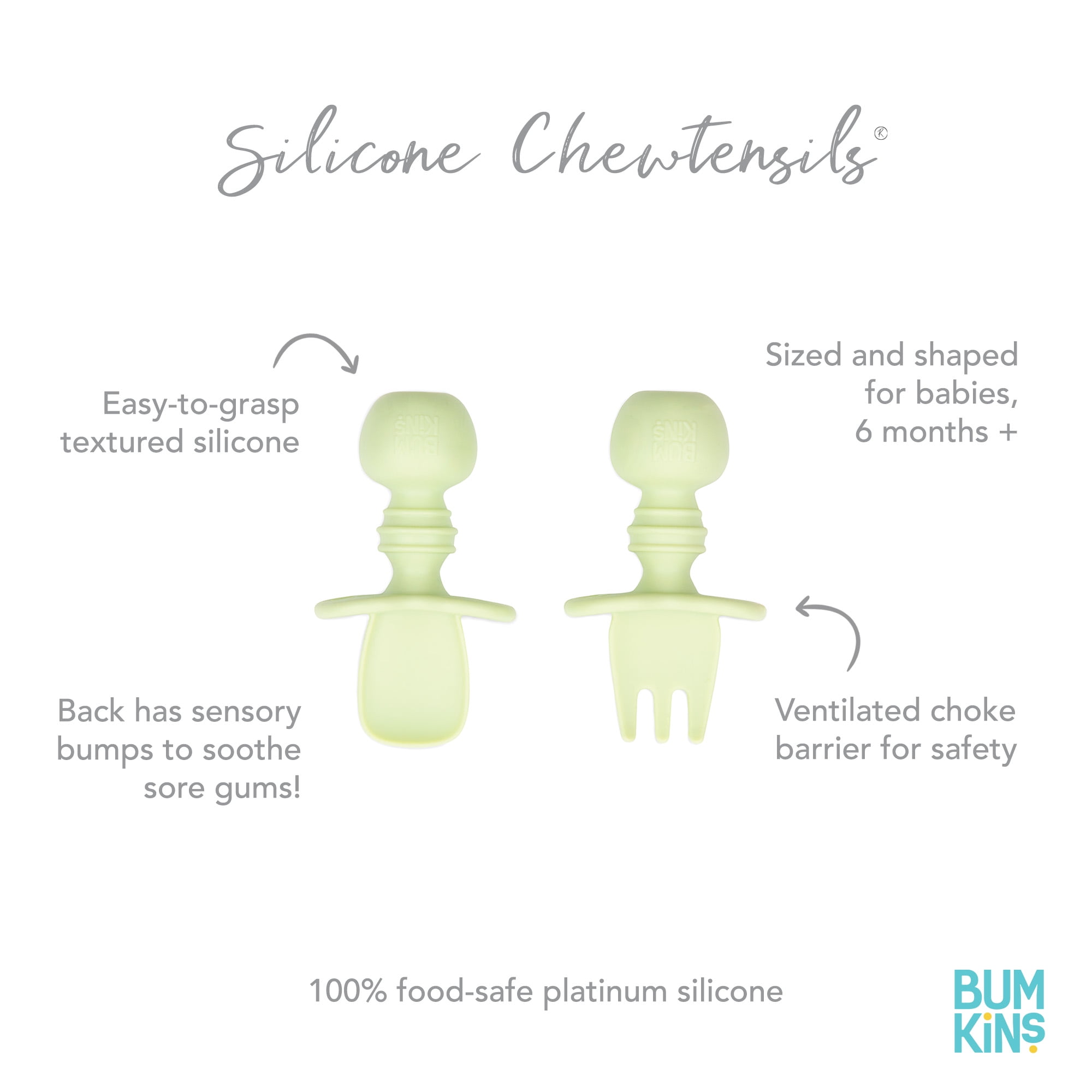 Bumkins Baby Feeding Chewtensils, Training Fork and Spoon Set, Utensils Ages 6 Mos+ Sage