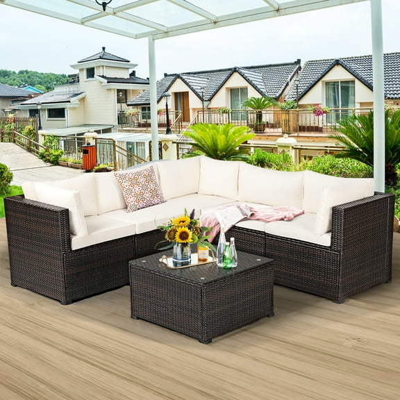 Costway 6PCS Patio Rattan Furniture Set Sectional Cushioned Sofa Deck Beige