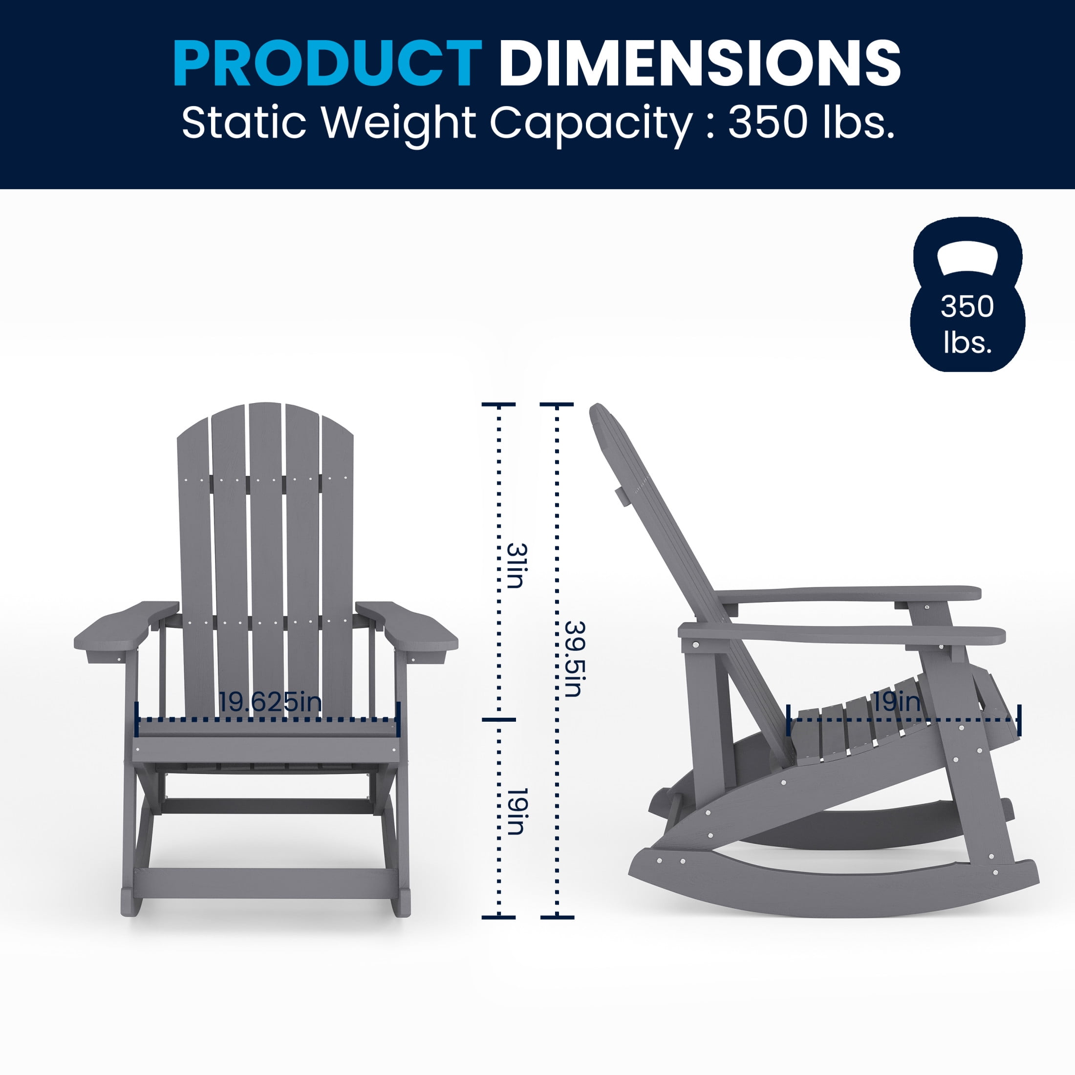 Emma + Oliver Classic All-Weather Poly Resin Rocking Adirondack Chair in Gray with Stainless Steel Hardware for Year Round Use