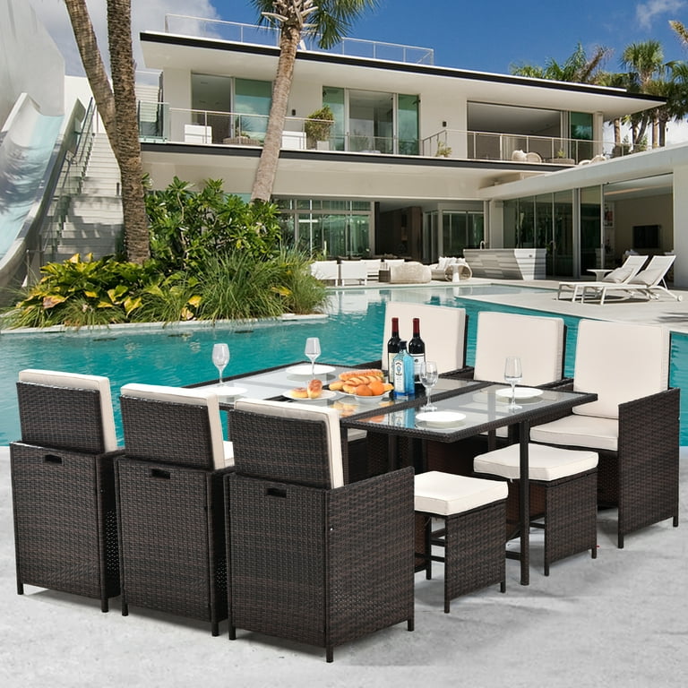 iRerts Outdoor Patio Dining Sets 11 Pieces Rattan Patio Conversation Set with Tempered Glass Table Top and Cushions Wicker Outdoor Dining Table and
