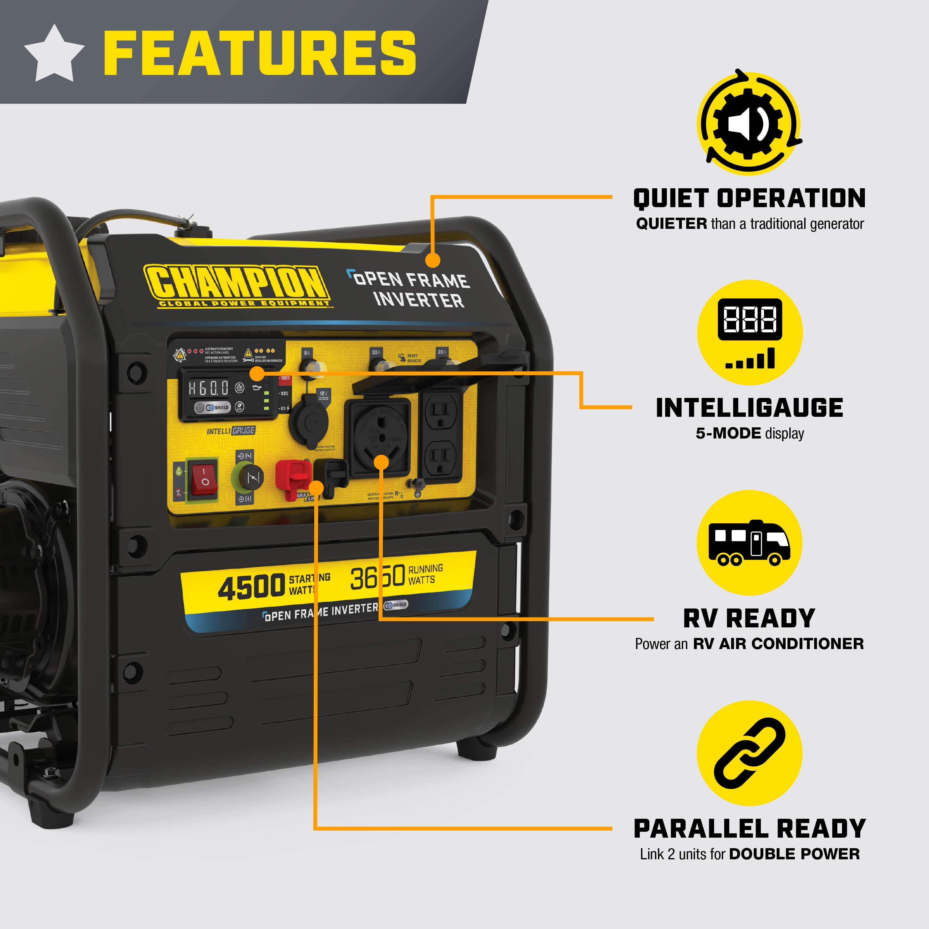 Champion 4500-Watt RV Ready Portable Open Frame Inverter Generator with Quiet Technology and CO Shield®