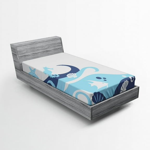 Ocean Fitted Sheet, Cartoon Graphic Like Image of Deep Sealife Creatures Fish Waves Shells, Soft Decorative Fabric Bedding, Twin Size, Navy Blue Aqua and White, by Ambesonne