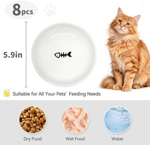 8 Pack Ceramic Cat Food Bowl, No Spill Cat Bowls Whisker-Friendly, Cute 5.9" Shallow Wide Kitten Plates, Easy to Clean Indoor Feeding Dishes