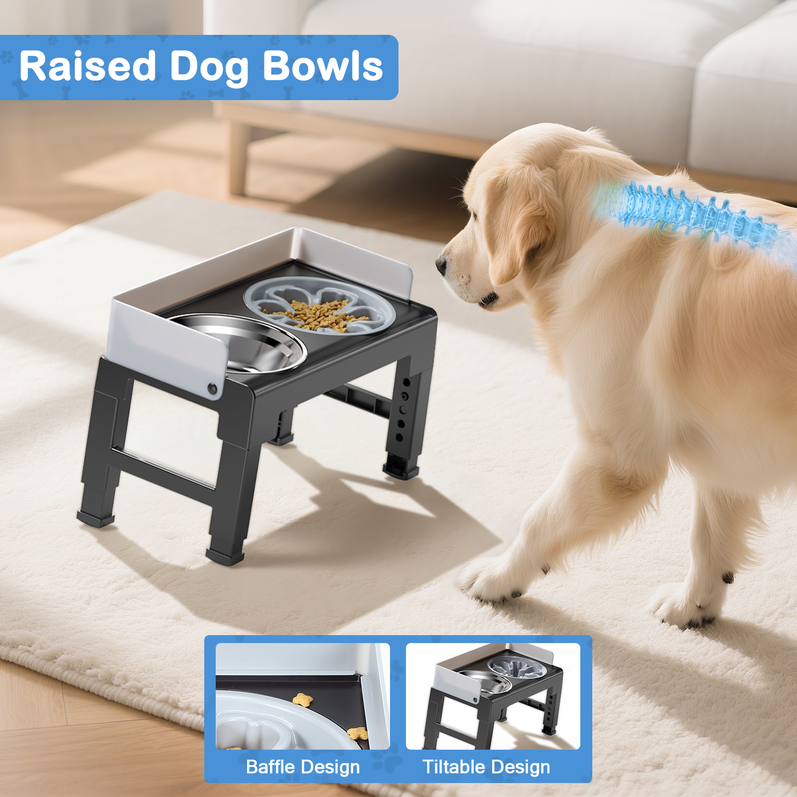 Euqvunn Elevated Dog Bowls, Raised Dogs Bowl Stand for Medium Large Dog, 6 Heights Adjustable 3.1", 8.7", 9.4", 10.2", 11", 11.8", Dog Feeder with 2 Stainless Steel Dishes &1 Slow Feeder Bowl