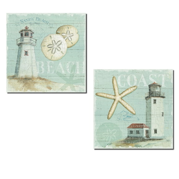 Lovely Lighthouse, Sand Dollar and Starfish Set by Lisa Audit; Coastal Decor; Two 12x12in Poster Prints