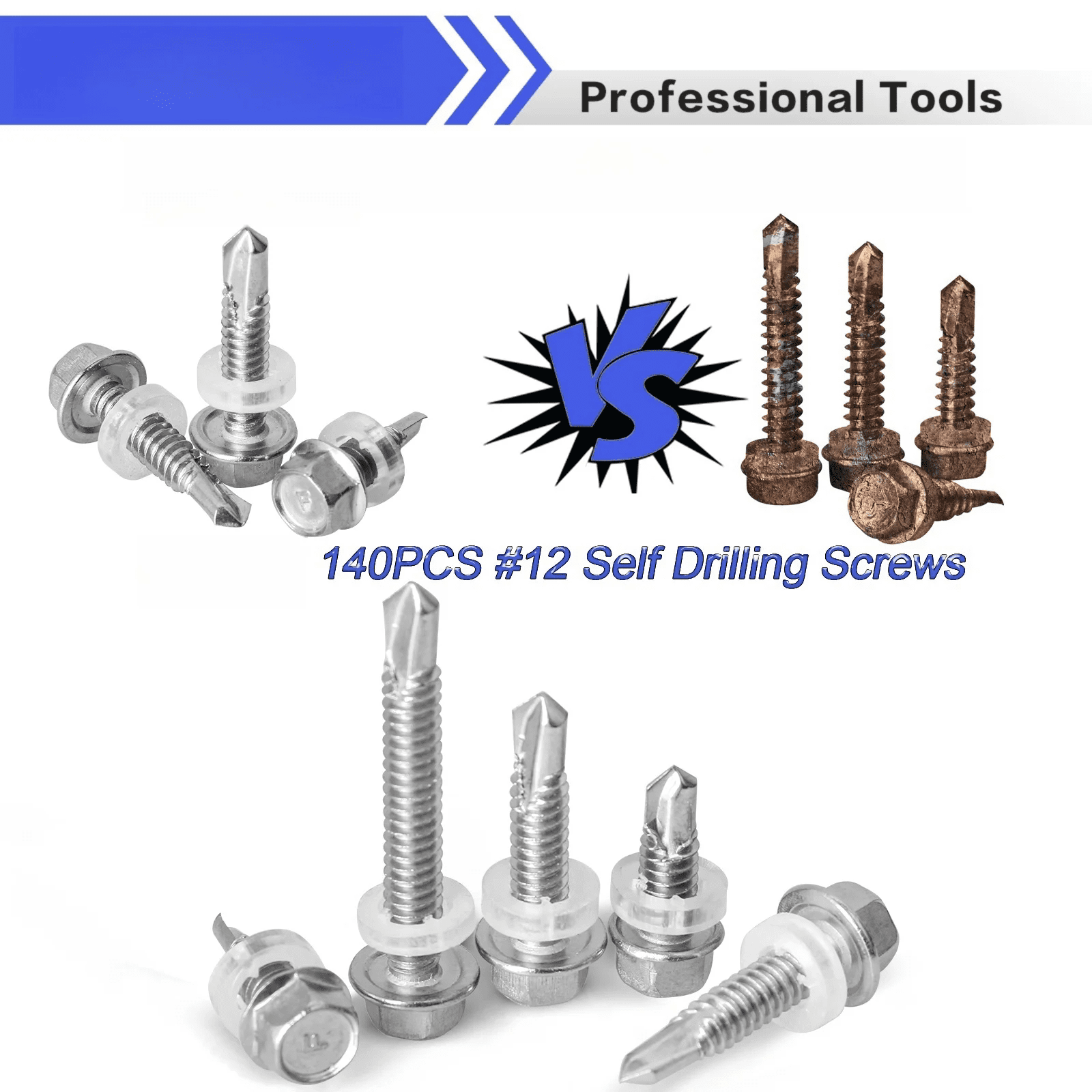 140pcs Hex Washer Head Self Drilling Tek Screw Assortment Kit, #12 Self Tapping Screw For Metal, 410 Rust Proof Wood Plastic Sheet Metal Screw