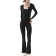thumbnail image 2 of FEORJGP Women Flare Pants Jumpsuit Long Sleeve Bodysuit Solid Color U-Neck Bodycon Jumpsuit Wide Leg Full Length Romper 3D Flower Decor Slim Fit Outfit, 2 of 5