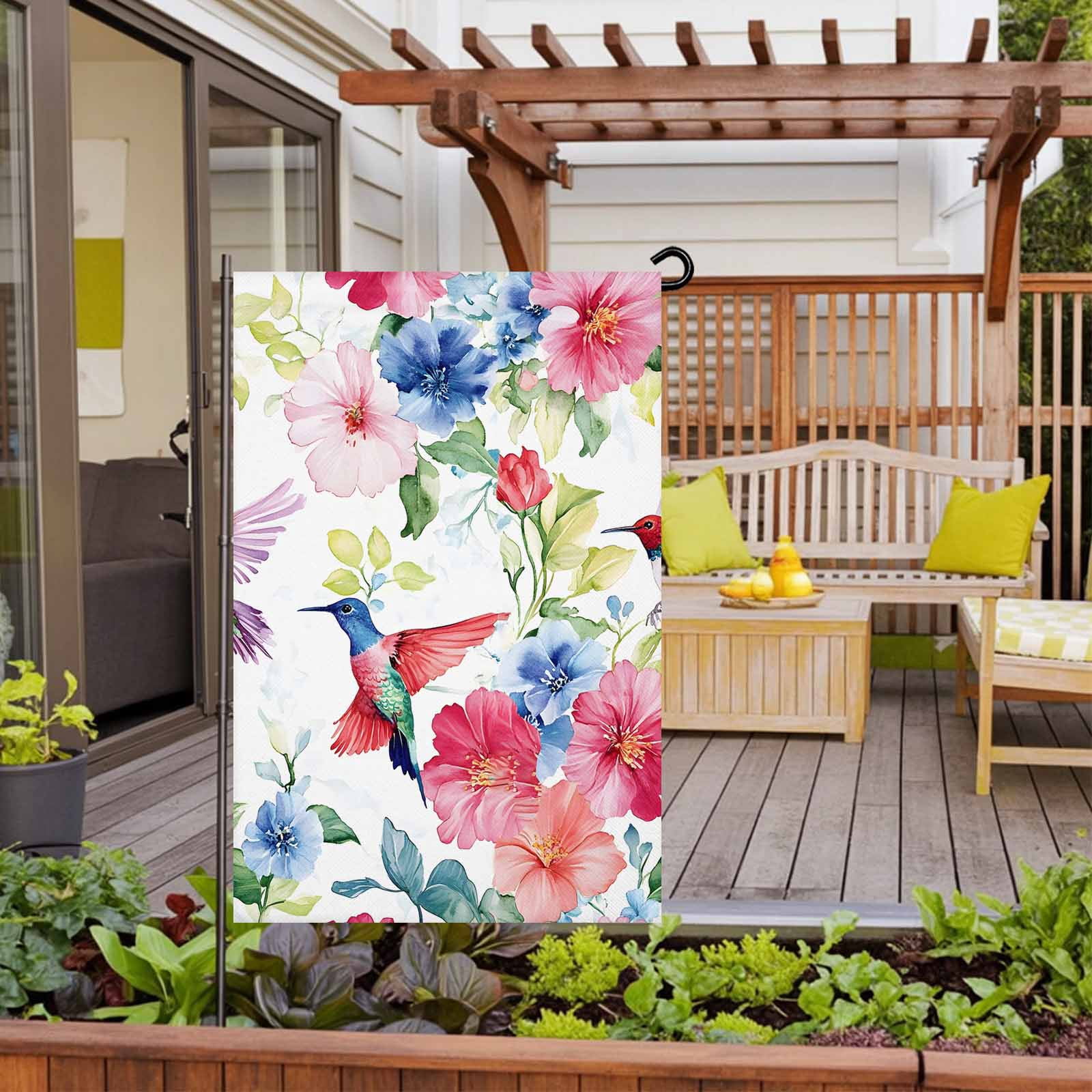 Garden Flag Double-Side Printed House Flag Hummingbird Yard Flag Watercolor Bird Flower Welcome Banner Decor Outdoor Holiday Decorations 28*40in