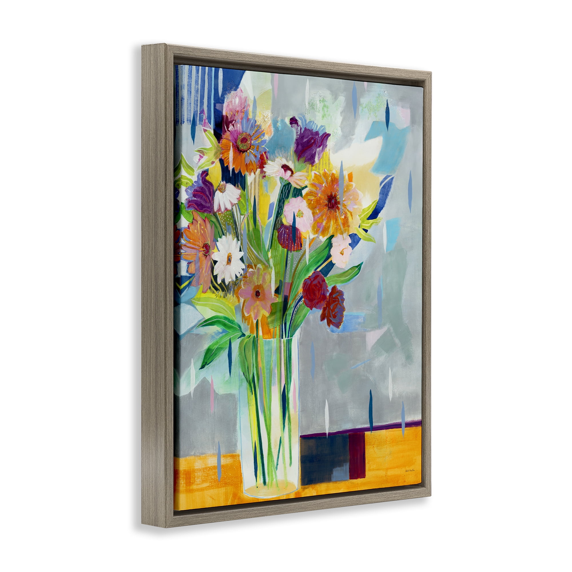 Stupell Industries Florals on Blocked Background Plants & Flowers Painting Brown Floater Framed Canvas Art Print Wall Art, 17 x 21