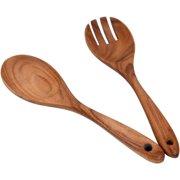 Wooden Acacia Salad Servers 10-inch, Set of 2, Salad Spoon and Fork Set, Hand Carved Wooden Utensils for Serving Salad