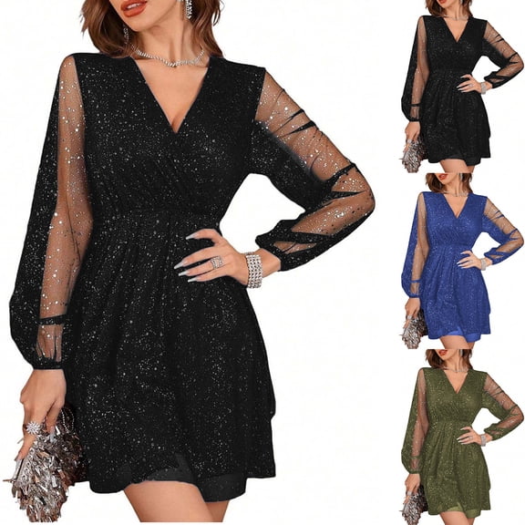 YHAJDS Women's Casual Dress,Women Midi Dresses Long Sleeve Casual Dress Solid Color V Neck Mesh Gold Print 3/4 Sleeve Paneled Dress for Fall Winter